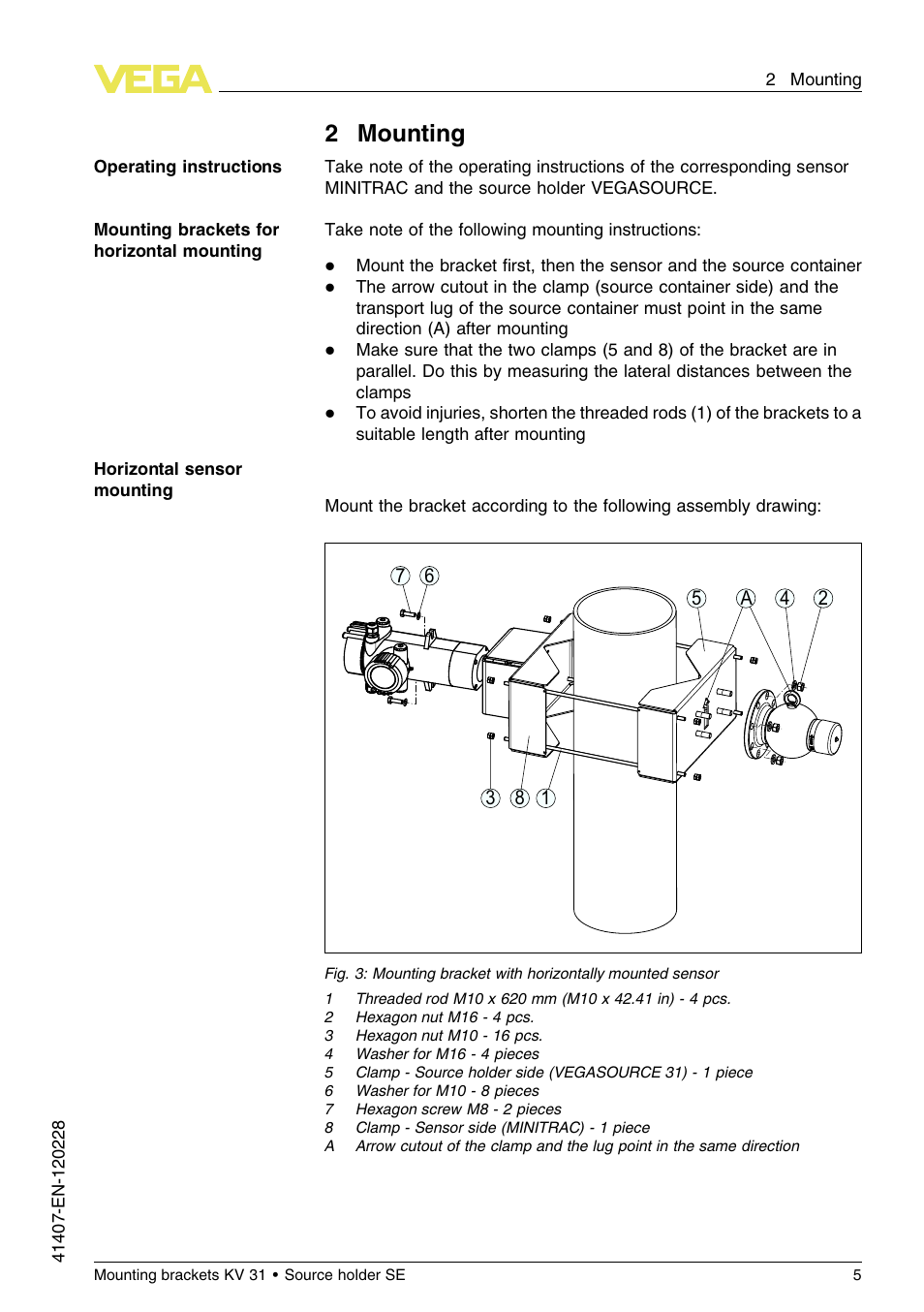 2 mounting, 2mounting | VEGA KV 31 Mounting brackets For tubes with ø 200…400 mm (Horizontal sensor mounting) User Manual | Page 5 / 12