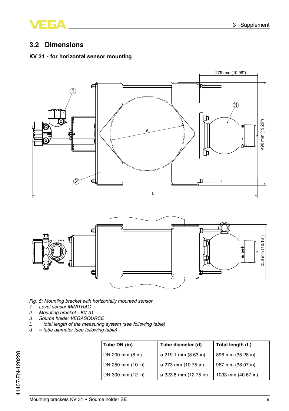 2 dimensions | VEGA KV 31 Mounting brackets For tubes with ø 200…400 mm (Horizontal sensor mounting) User Manual | Page 9 / 12