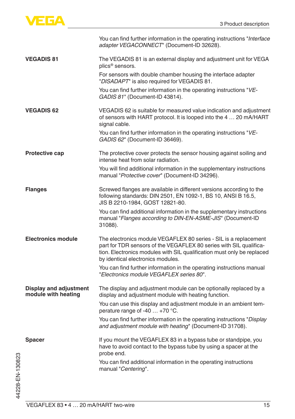 VEGA VEGAFLEX 83 4 … 20 mA_HART two-wire Rod and cable probe - PFA insulated With SIL qualification User Manual | Page 15 / 96