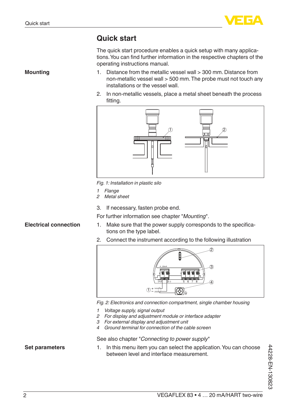 Quick start | VEGA VEGAFLEX 83 4 … 20 mA_HART two-wire Rod and cable probe - PFA insulated With SIL qualification User Manual | Page 2 / 96