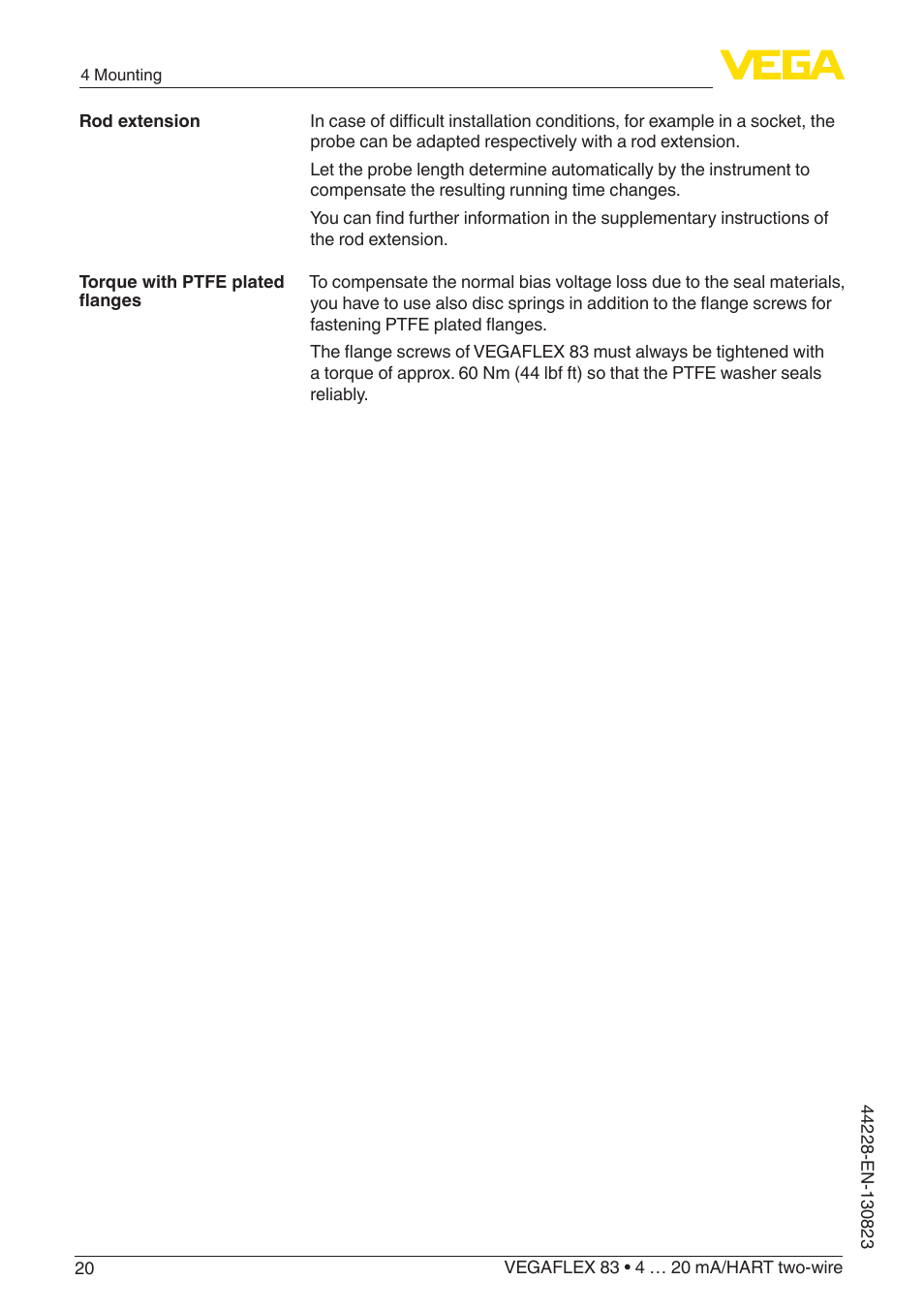 VEGA VEGAFLEX 83 4 … 20 mA_HART two-wire Rod and cable probe - PFA insulated With SIL qualification User Manual | Page 20 / 96