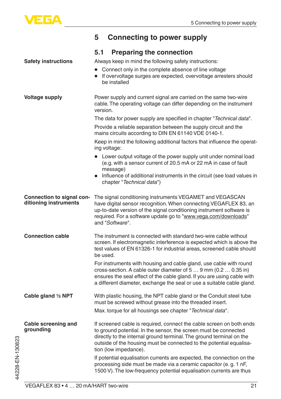 5 connecting to power supply, 1 preparing the connection | VEGA VEGAFLEX 83 4 … 20 mA_HART two-wire Rod and cable probe - PFA insulated With SIL qualification User Manual | Page 21 / 96