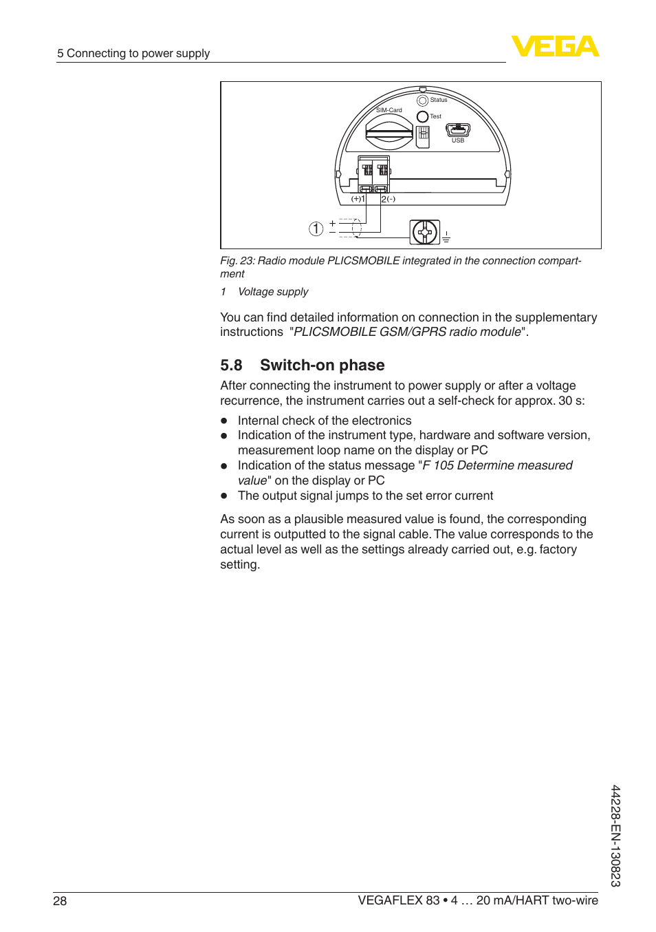 8 switch-on phase | VEGA VEGAFLEX 83 4 … 20 mA_HART two-wire Rod and cable probe - PFA insulated With SIL qualification User Manual | Page 28 / 96