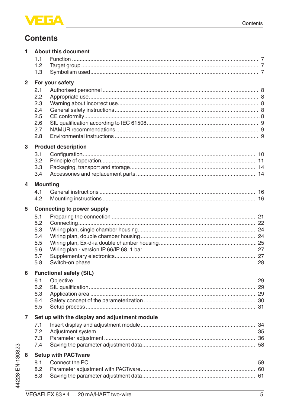 VEGA VEGAFLEX 83 4 … 20 mA_HART two-wire Rod and cable probe - PFA insulated With SIL qualification User Manual | Page 5 / 96