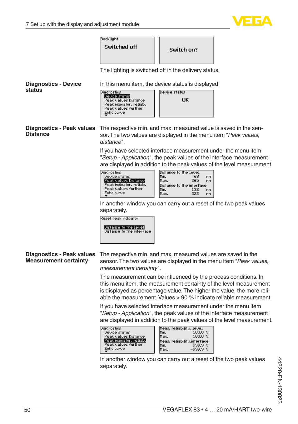 VEGA VEGAFLEX 83 4 … 20 mA_HART two-wire Rod and cable probe - PFA insulated With SIL qualification User Manual | Page 50 / 96