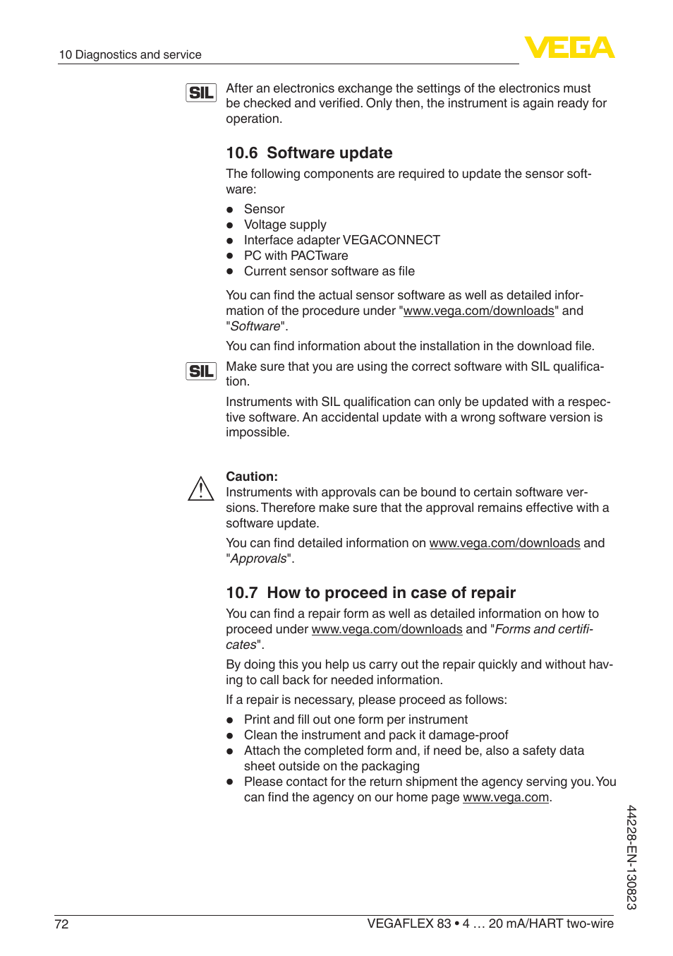 6 software update, 7 how to proceed in case of repair | VEGA VEGAFLEX 83 4 … 20 mA_HART two-wire Rod and cable probe - PFA insulated With SIL qualification User Manual | Page 72 / 96