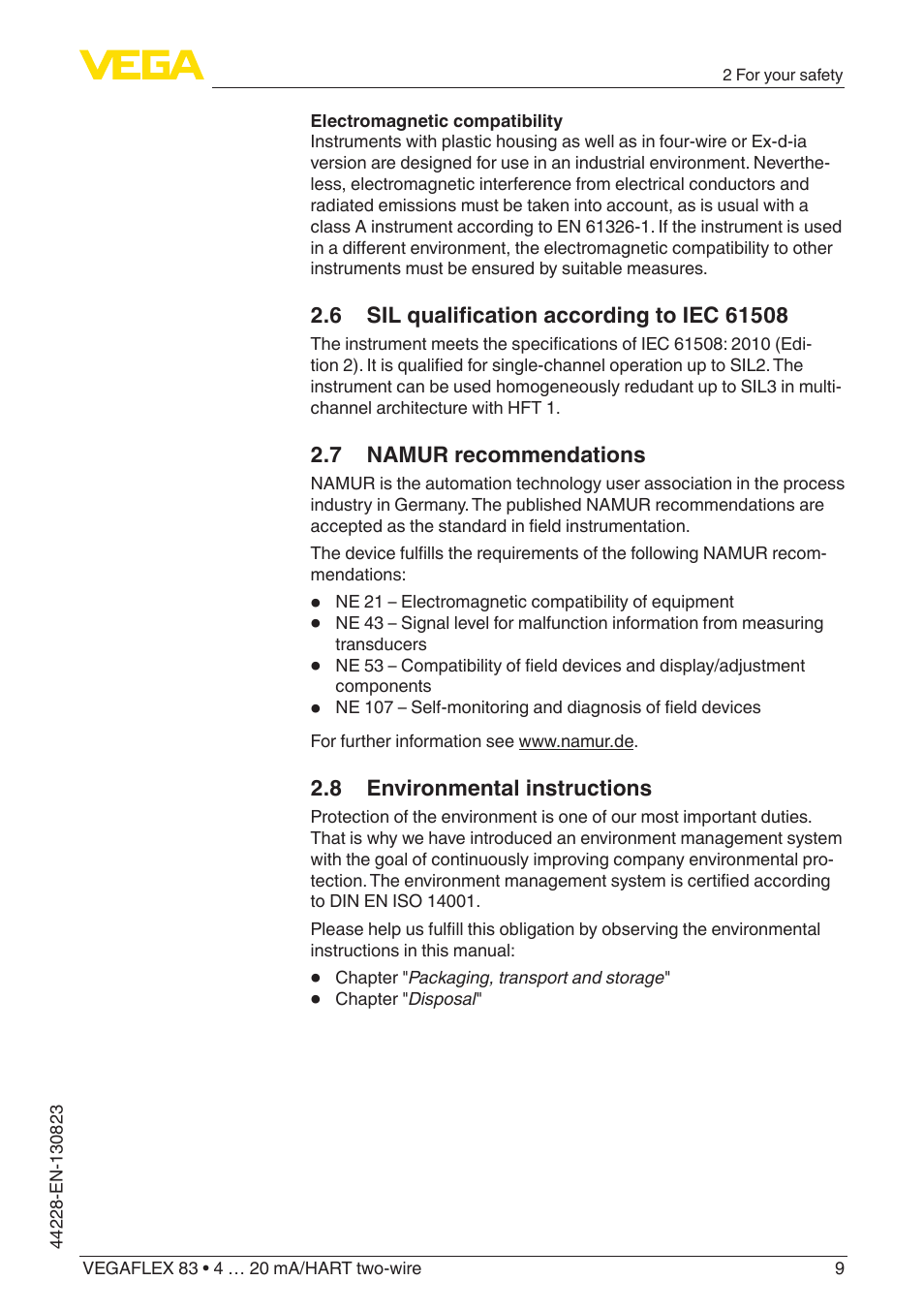 7 namur recommendations, 8 environmental instructions | VEGA VEGAFLEX 83 4 … 20 mA_HART two-wire Rod and cable probe - PFA insulated With SIL qualification User Manual | Page 9 / 96