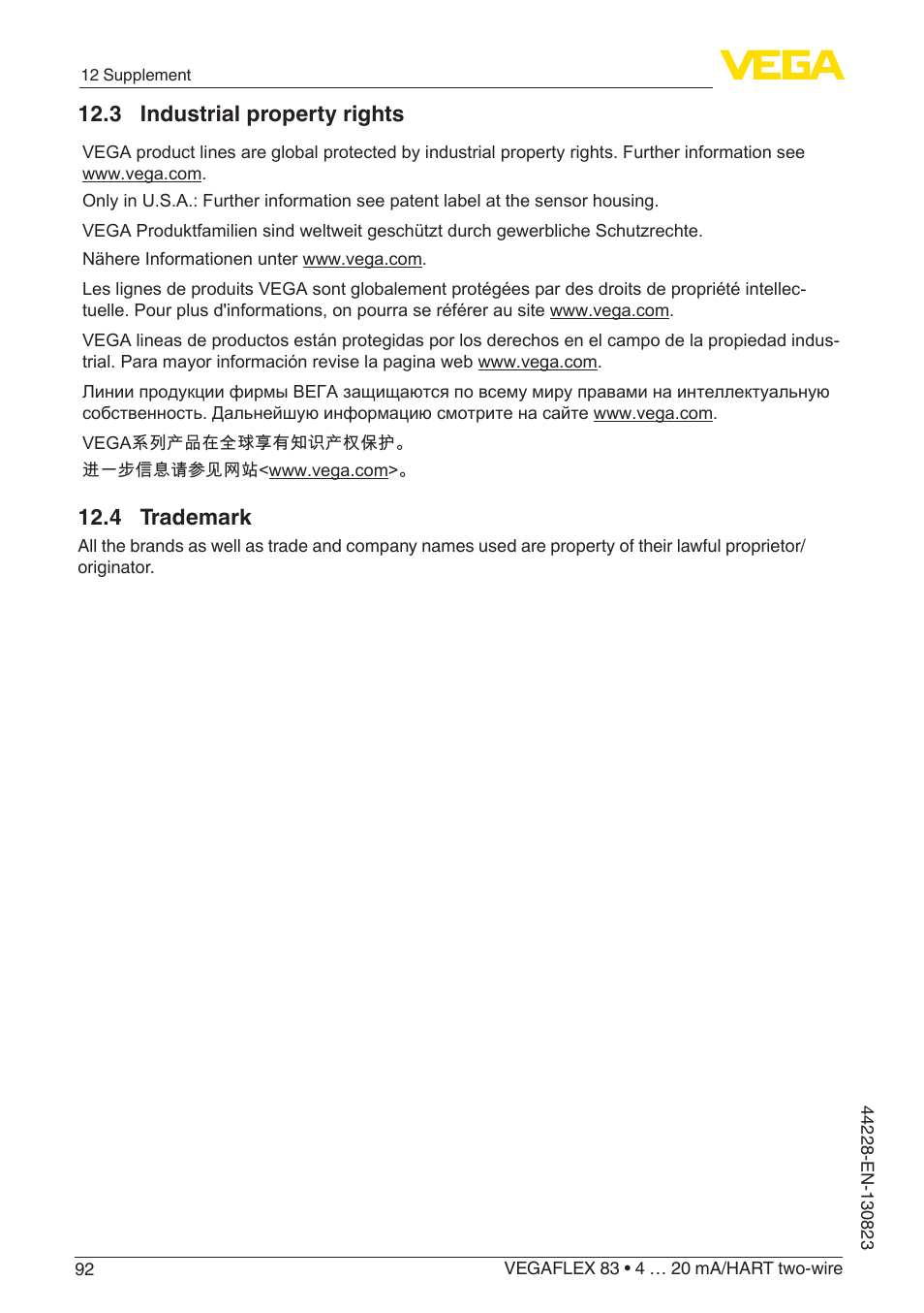 3 industrial property rights, 4 trademark | VEGA VEGAFLEX 83 4 … 20 mA_HART two-wire Rod and cable probe - PFA insulated With SIL qualification User Manual | Page 92 / 96