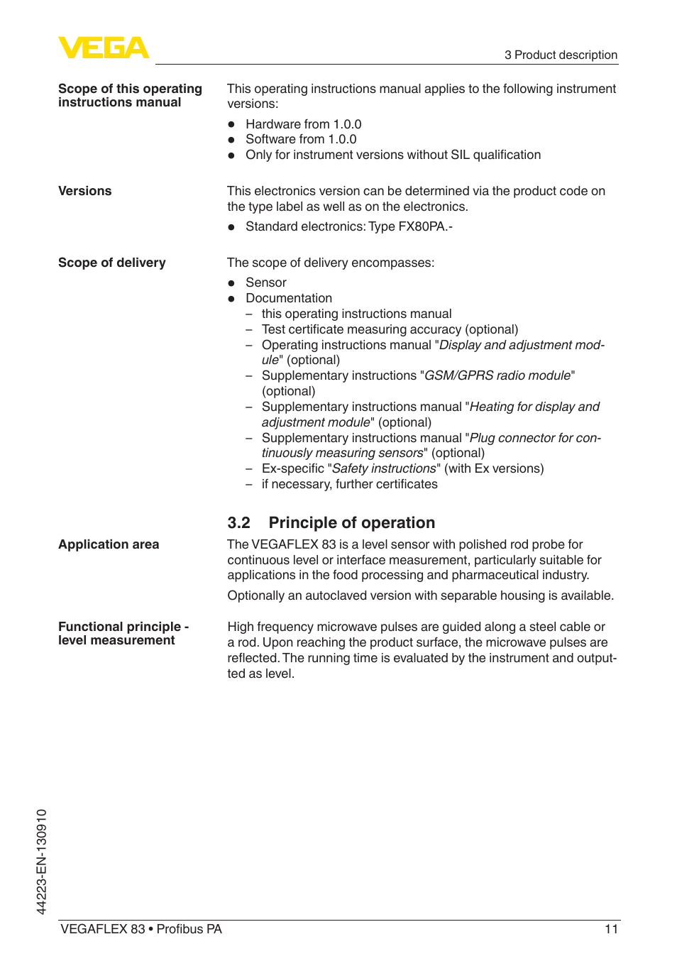 2 principle of operation | VEGA VEGAFLEX 83 Profibus PA Polished version User Manual | Page 11 / 96