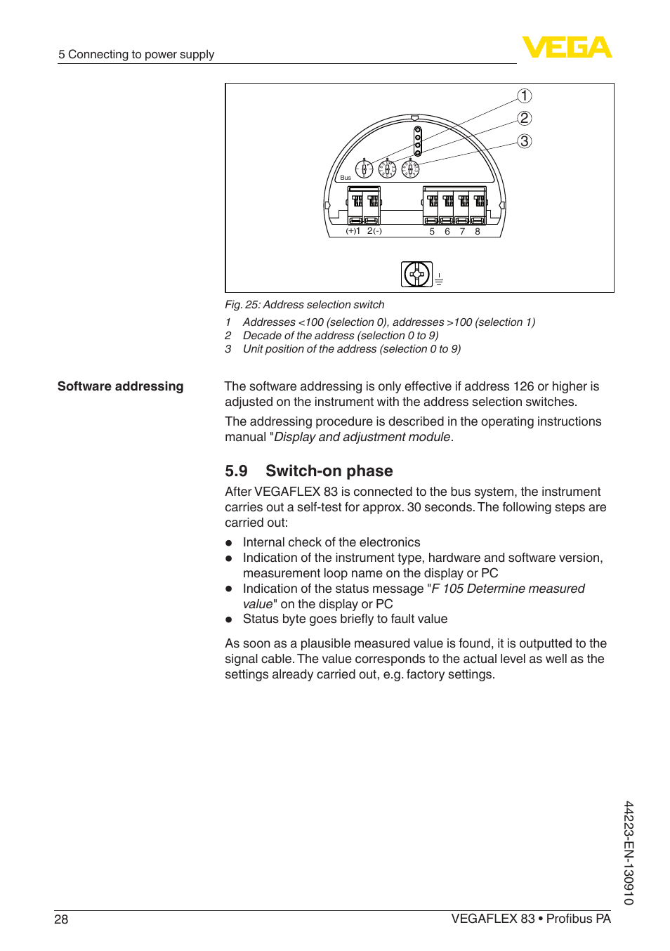 9 switch-on phase, Internal check of the electronics, 5 connecting to power supply | VEGA VEGAFLEX 83 Profibus PA Polished version User Manual | Page 28 / 96