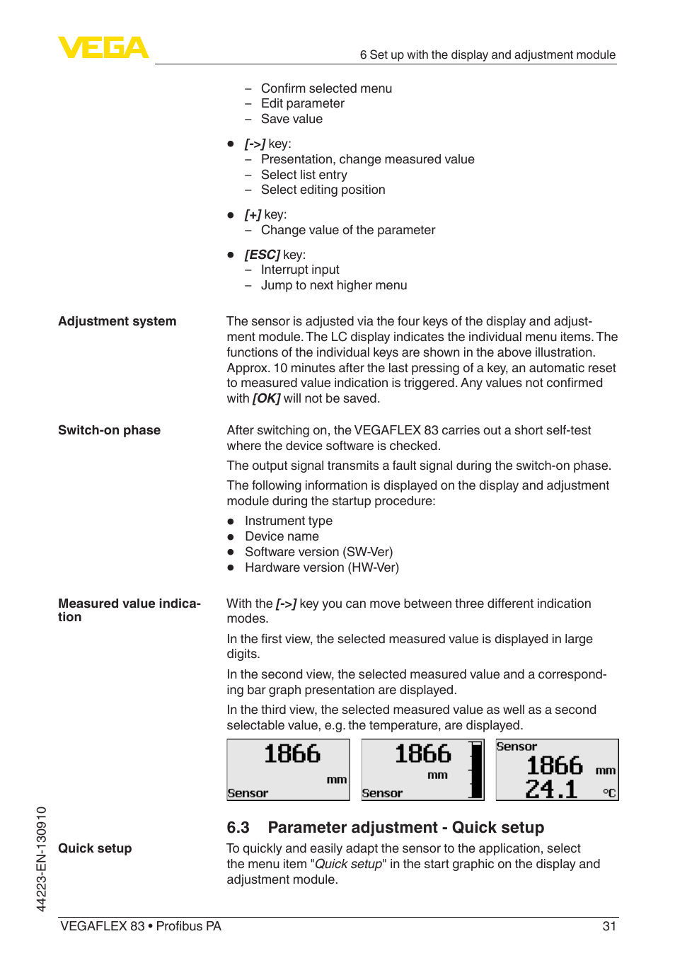 3 parameter adjustment - quick setup | VEGA VEGAFLEX 83 Profibus PA Polished version User Manual | Page 31 / 96