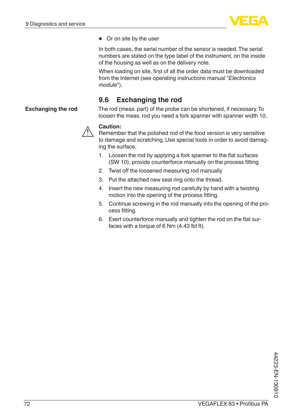 6 exchanging the rod | VEGA VEGAFLEX 83 Profibus PA Polished version User Manual | Page 72 / 96