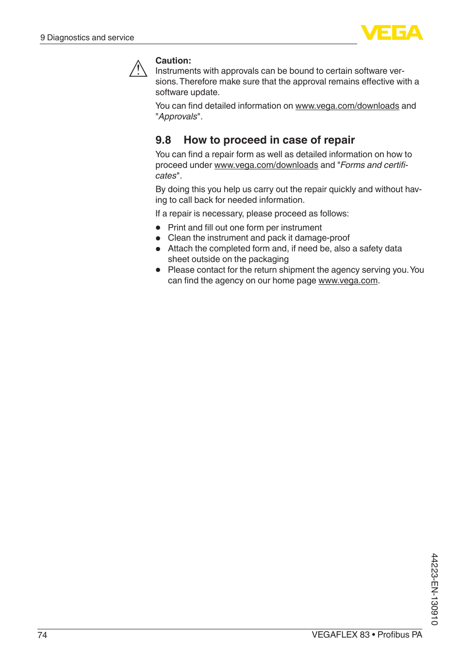 8 how to proceed in case of repair | VEGA VEGAFLEX 83 Profibus PA Polished version User Manual | Page 74 / 96