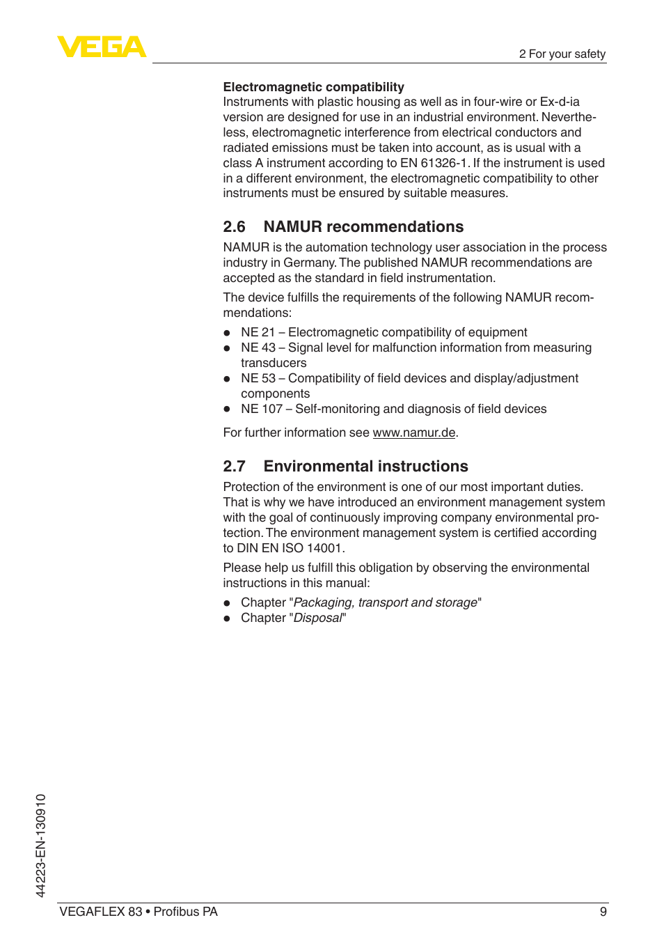 6 namur recommendations, 7 environmental instructions | VEGA VEGAFLEX 83 Profibus PA Polished version User Manual | Page 9 / 96