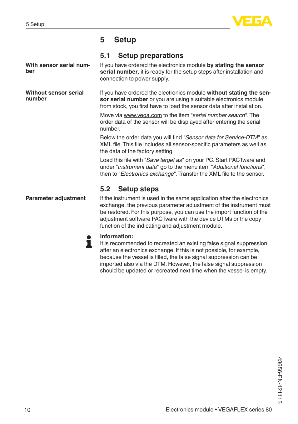 5 setup, 1 setup preparations, 2 setup steps | VEGA VEGAFLEX series 80 Electronics module User Manual | Page 10 / 16