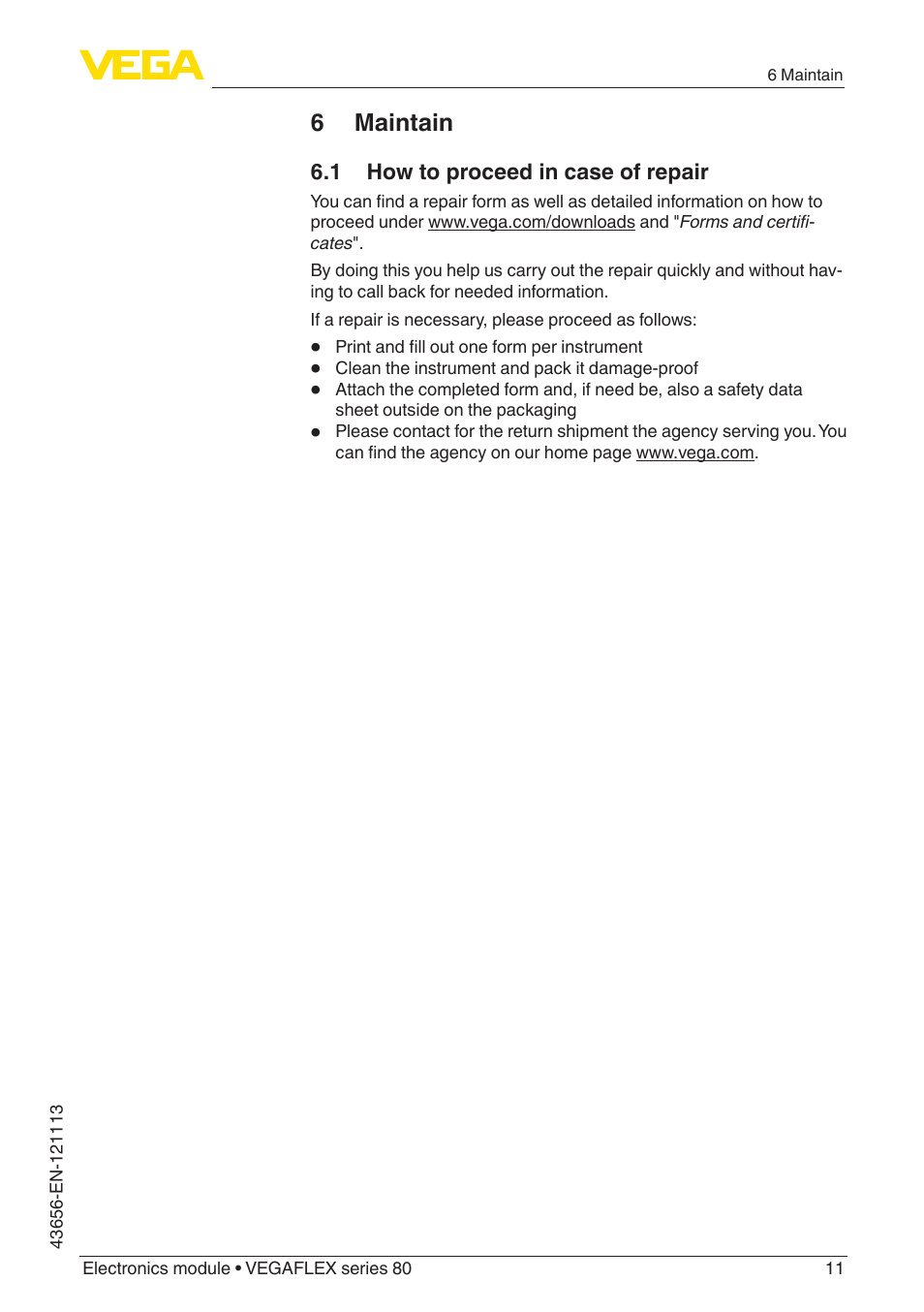 6 maintain, 1 how to proceed in case of repair | VEGA VEGAFLEX series 80 Electronics module User Manual | Page 11 / 16