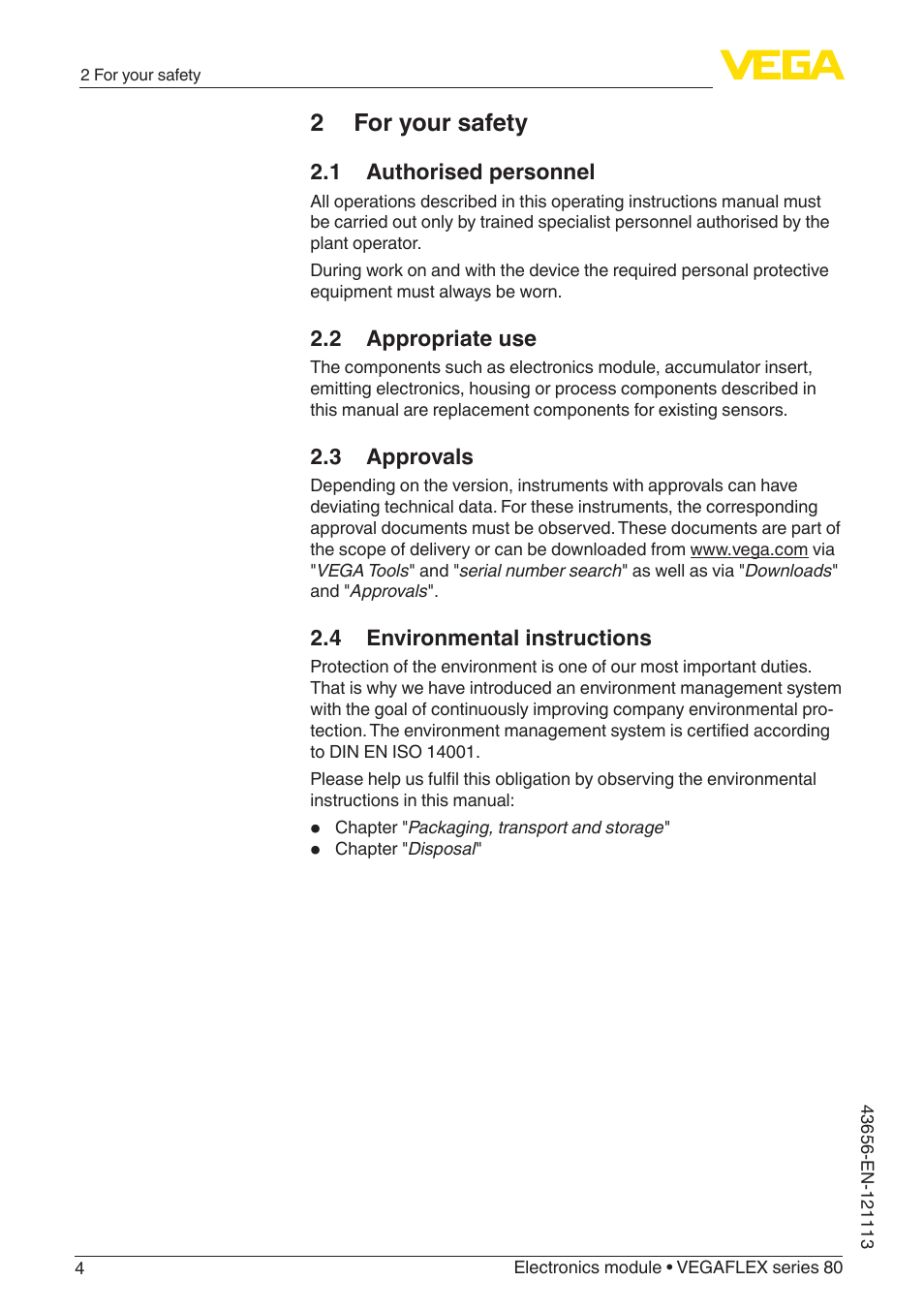 2 for your safety, 1 authorised personnel, 2 appropriate use | 3 approvals, 4 environmental instructions | VEGA VEGAFLEX series 80 Electronics module User Manual | Page 4 / 16