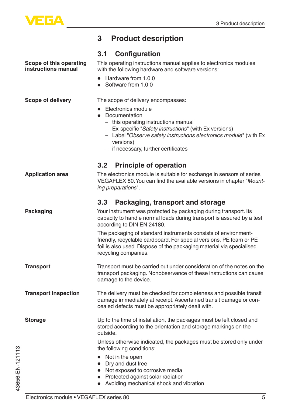 3 product description, 1 configuration, 2 principle of operation | 3 packaging, transport and storage | VEGA VEGAFLEX series 80 Electronics module User Manual | Page 5 / 16