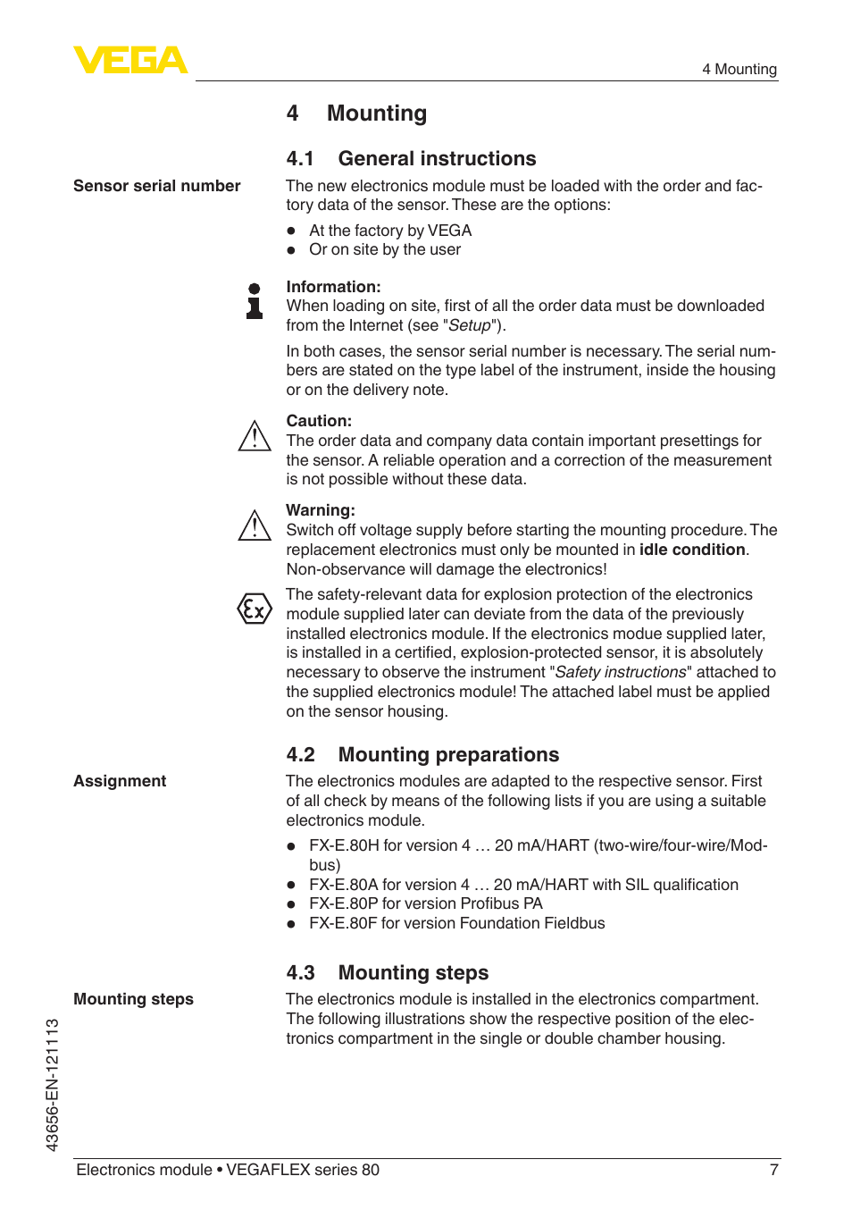 4 mounting, 1 general instructions, 2 mounting preparations | 3 mounting steps | VEGA VEGAFLEX series 80 Electronics module User Manual | Page 7 / 16