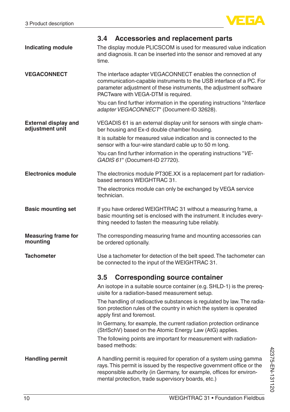 4 accessories and replacement parts, 5 corresponding source container | VEGA WEIGHTRAC 31 Foundation Fieldbus User Manual | Page 10 / 84