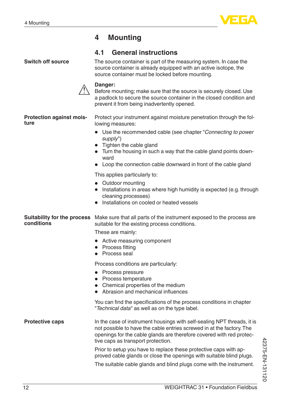 4 mounting, 1 general instructions | VEGA WEIGHTRAC 31 Foundation Fieldbus User Manual | Page 12 / 84