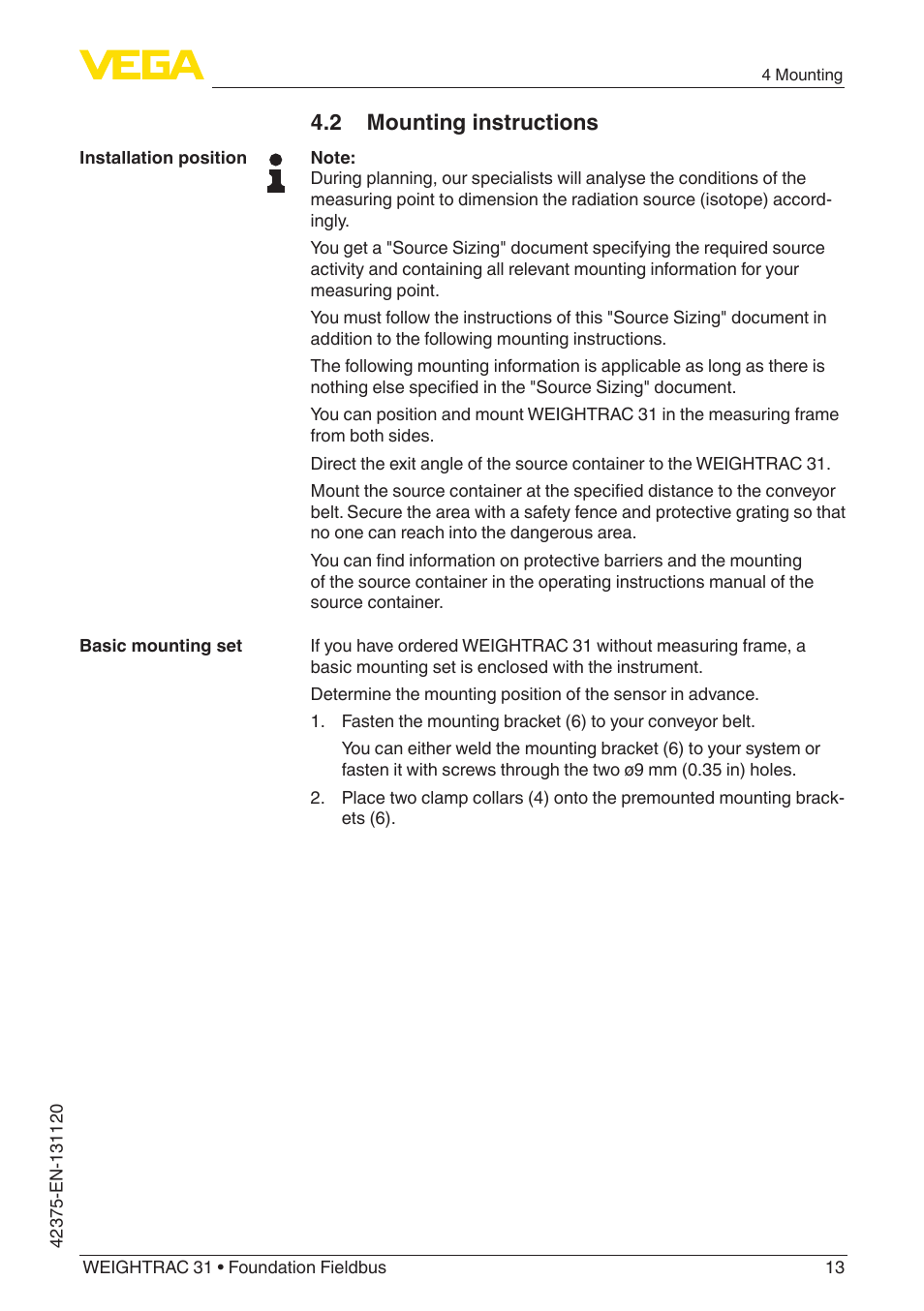 2 mounting instructions | VEGA WEIGHTRAC 31 Foundation Fieldbus User Manual | Page 13 / 84