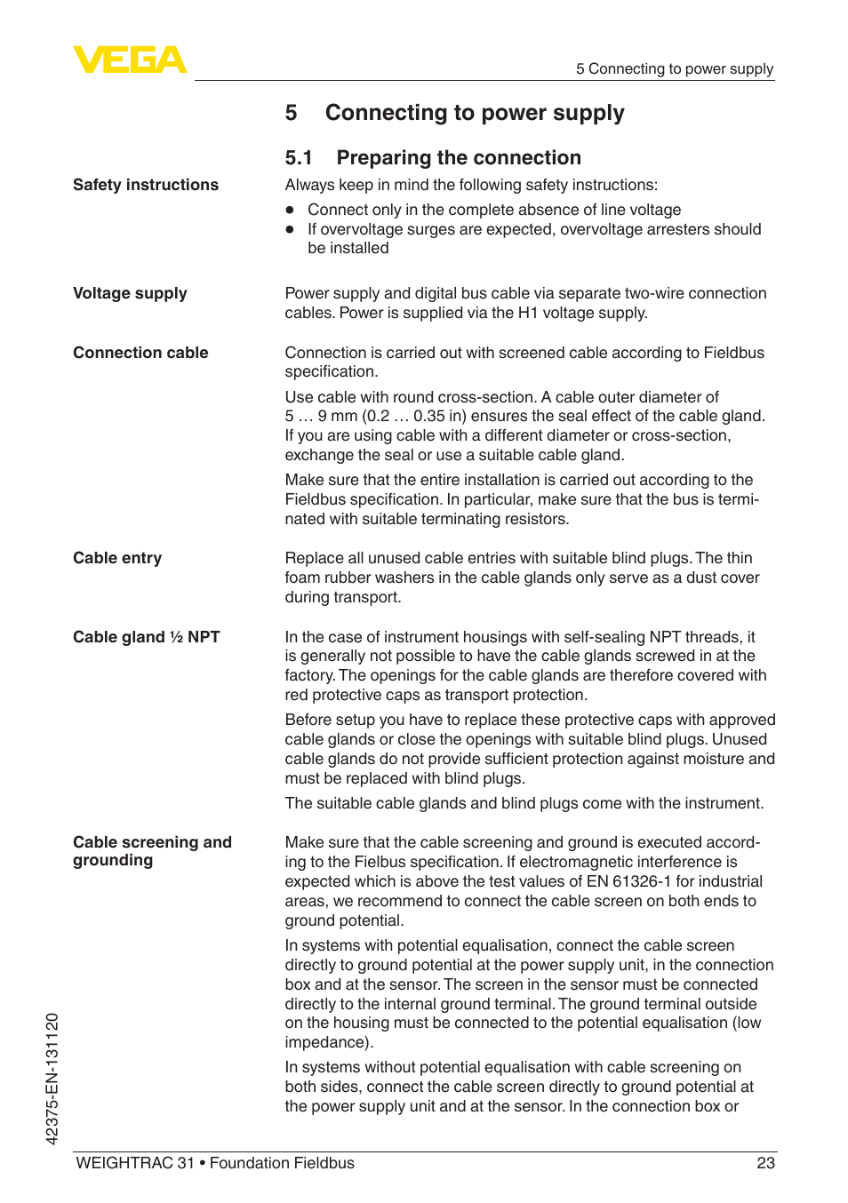 5 connecting to power supply, 1 preparing the connection | VEGA WEIGHTRAC 31 Foundation Fieldbus User Manual | Page 23 / 84