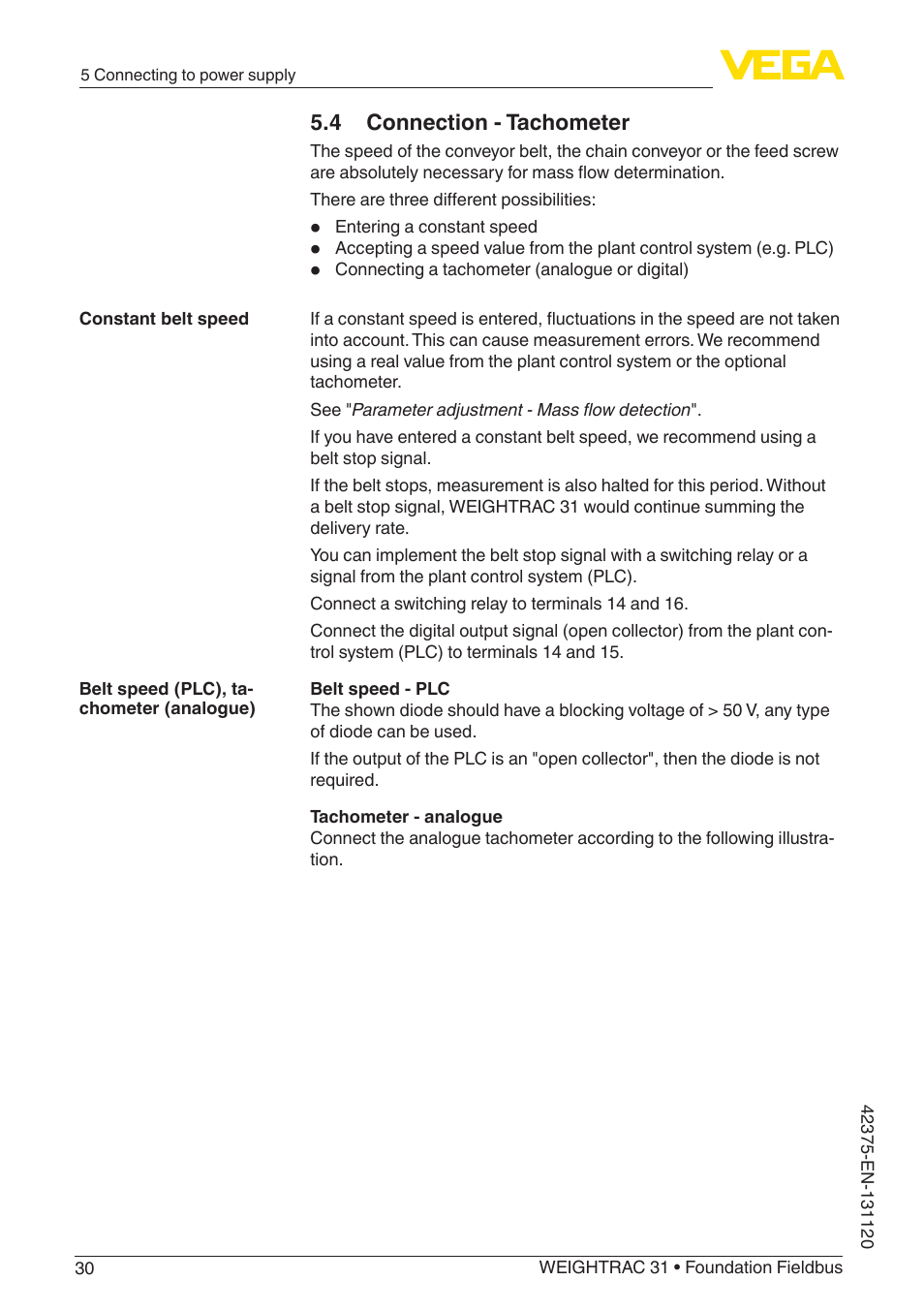 4 connection - tachometer | VEGA WEIGHTRAC 31 Foundation Fieldbus User Manual | Page 30 / 84