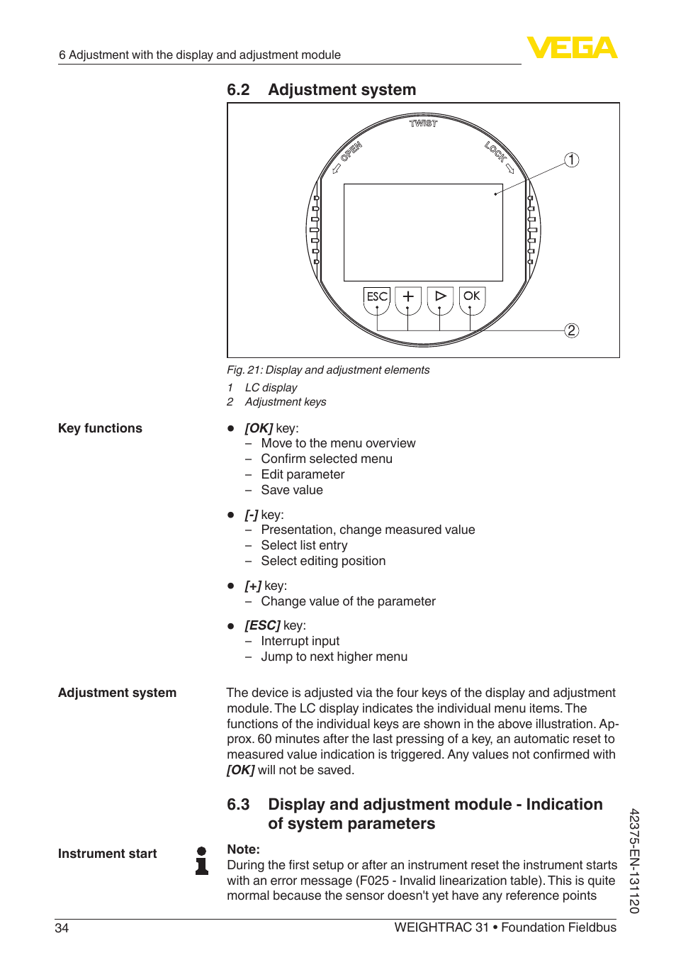 2 adjustment system | VEGA WEIGHTRAC 31 Foundation Fieldbus User Manual | Page 34 / 84