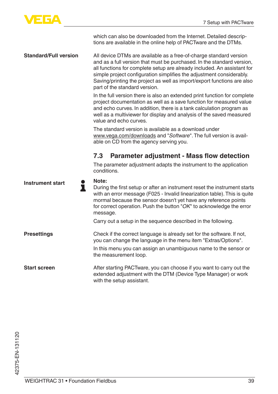 3 parameter adjustment - mass flow detection | VEGA WEIGHTRAC 31 Foundation Fieldbus User Manual | Page 39 / 84