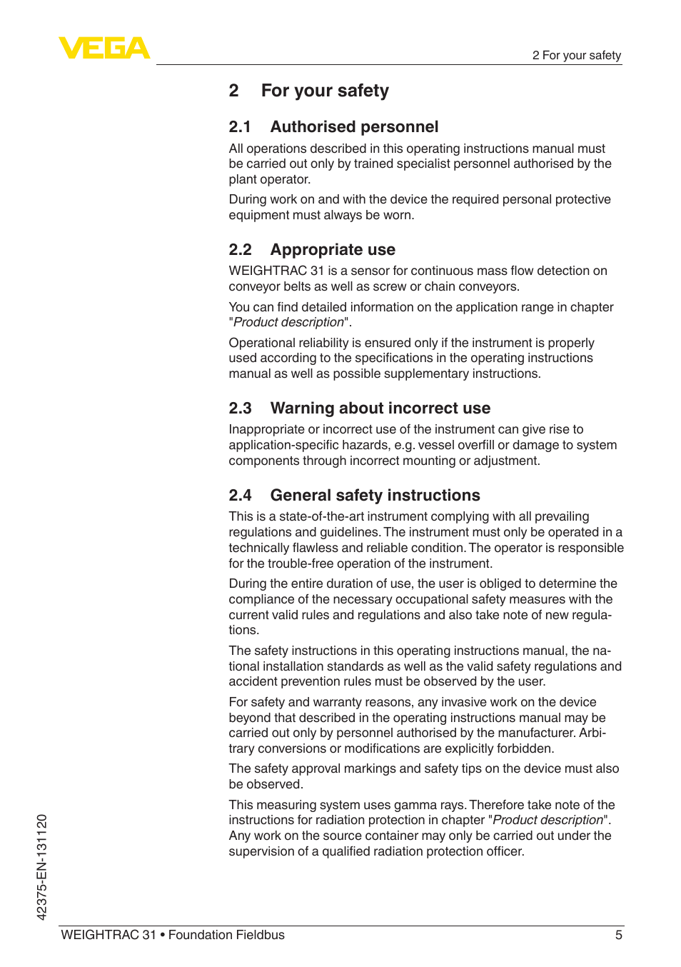 2 for your safety, 1 authorised personnel, 2 appropriate use | 3 warning about incorrect use, 4 general safety instructions | VEGA WEIGHTRAC 31 Foundation Fieldbus User Manual | Page 5 / 84