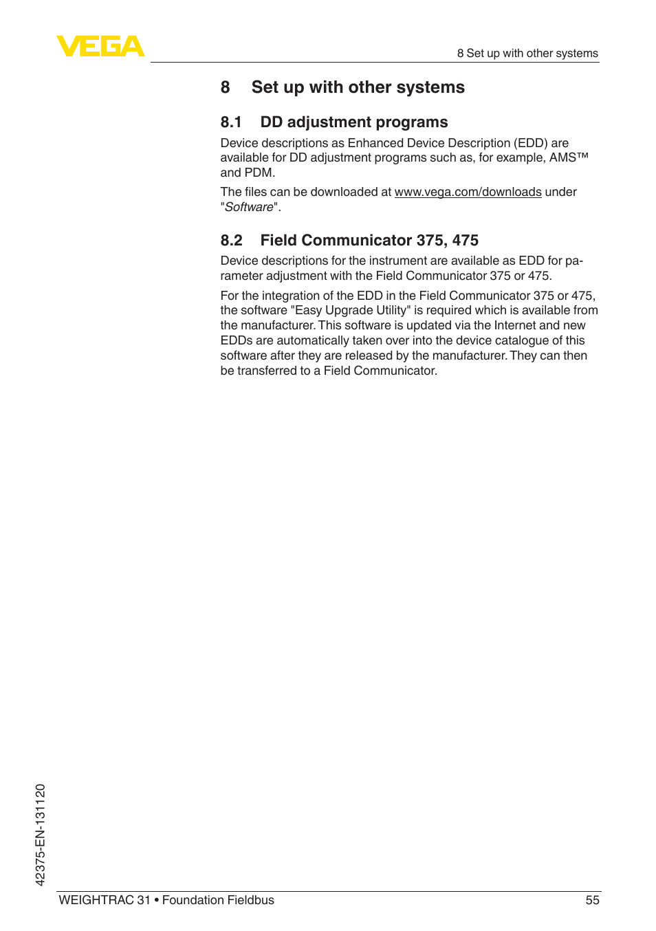 8 set up with other systems, 1 dd adjustment programs, 2 field communicator 375, 475 | VEGA WEIGHTRAC 31 Foundation Fieldbus User Manual | Page 55 / 84