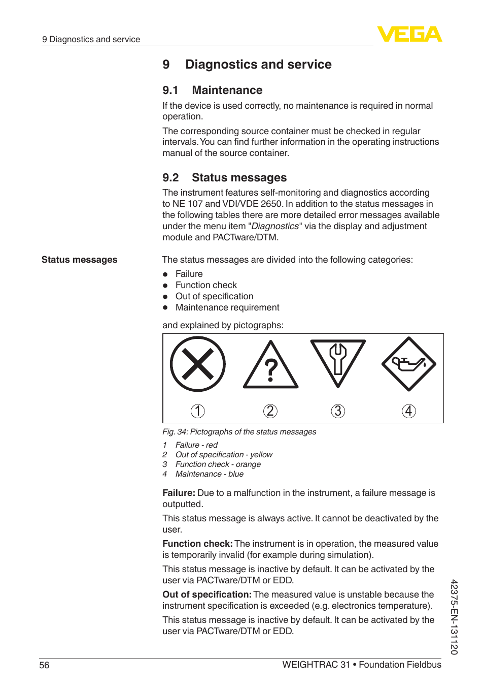 9 diagnostics and service, 1 maintenance, 2 status messages | VEGA WEIGHTRAC 31 Foundation Fieldbus User Manual | Page 56 / 84