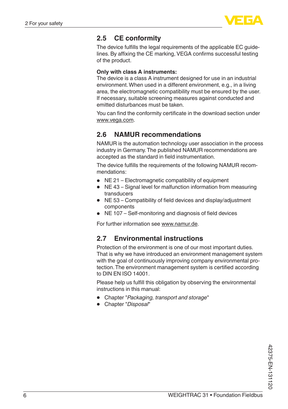 5 ce conformity, 6 namur recommendations, 7 environmental instructions | VEGA WEIGHTRAC 31 Foundation Fieldbus User Manual | Page 6 / 84