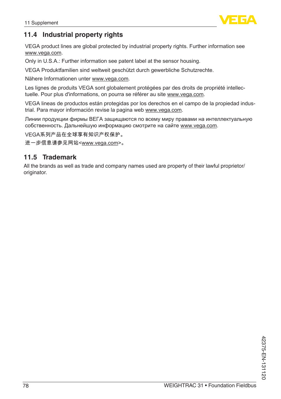 4 industrial property rights, 5 trademark | VEGA WEIGHTRAC 31 Foundation Fieldbus User Manual | Page 78 / 84
