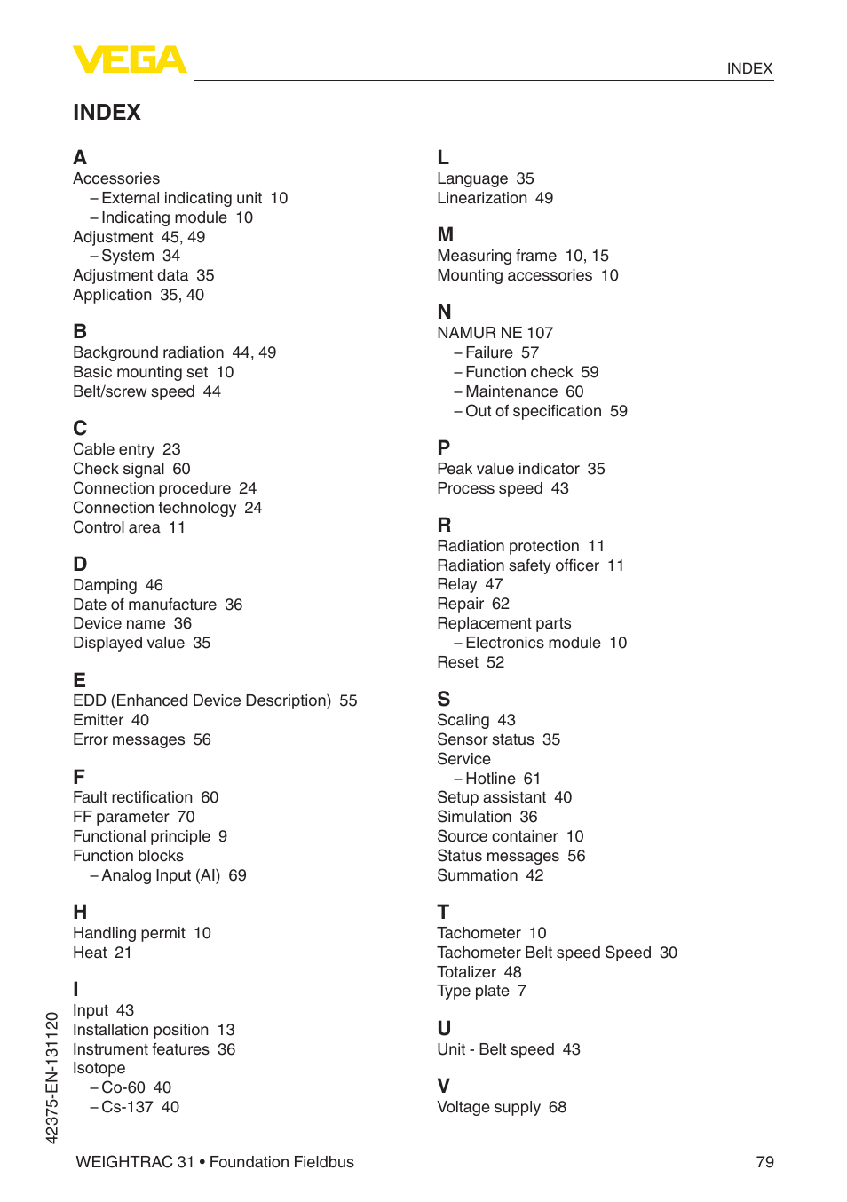 Index | VEGA WEIGHTRAC 31 Foundation Fieldbus User Manual | Page 79 / 84