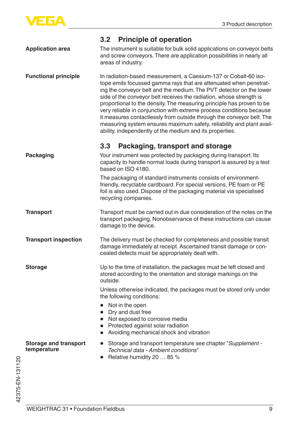 2 principle of operation, 3 packaging, transport and storage | VEGA WEIGHTRAC 31 Foundation Fieldbus User Manual | Page 9 / 84