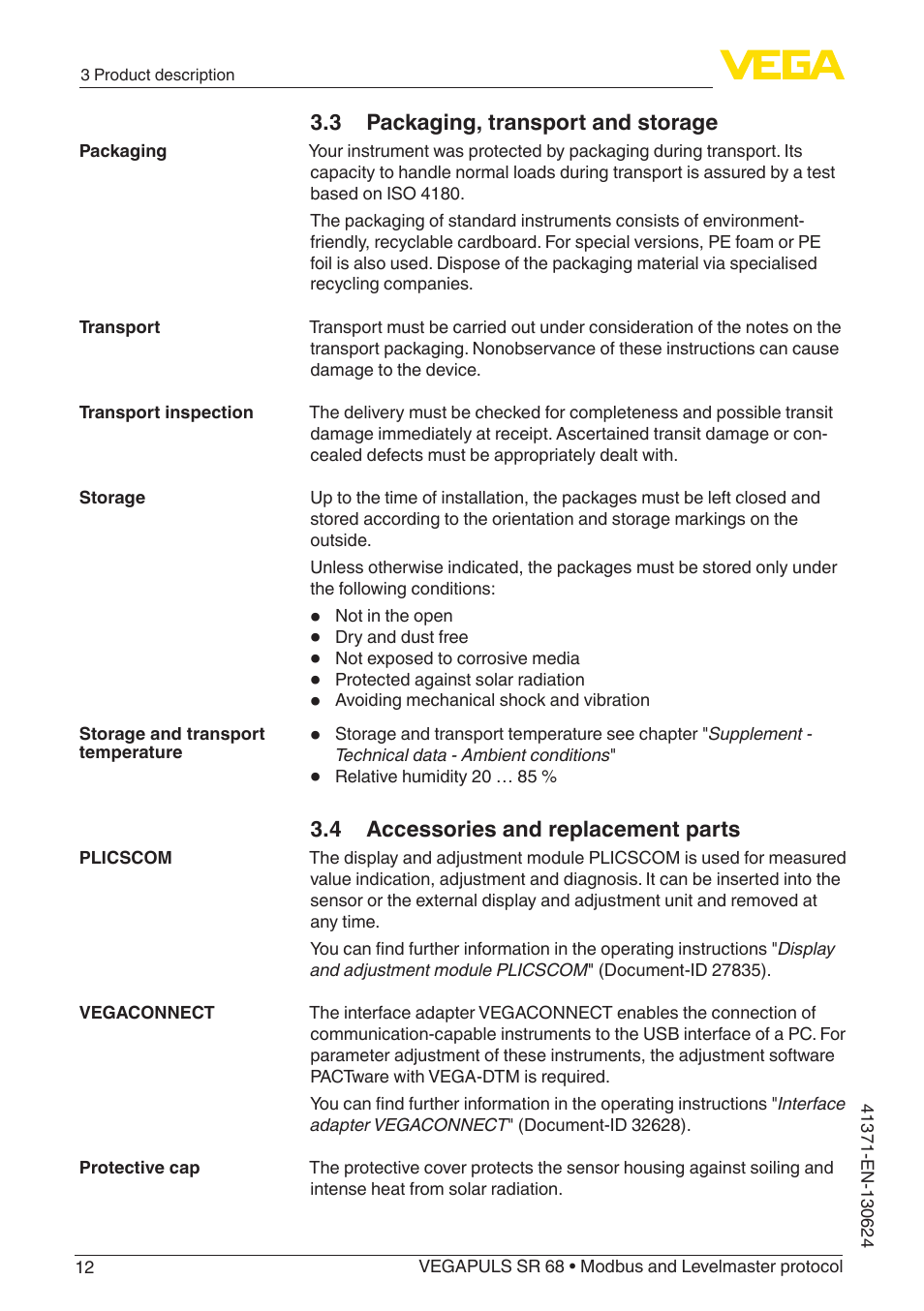 3 packaging, transport and storage, 4 accessories and replacement parts | VEGA VEGAPULS SR 68 Modbus and Levelmaster protocol User Manual | Page 12 / 92