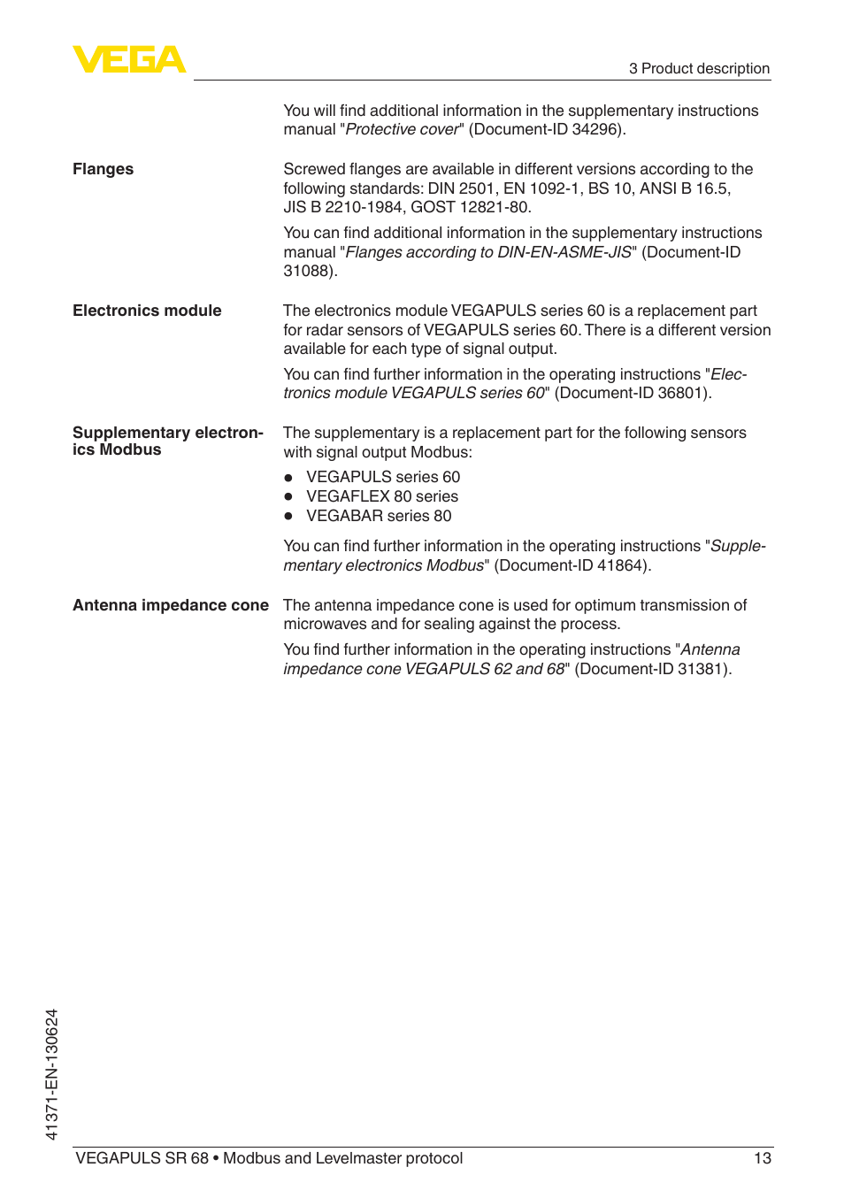 VEGA VEGAPULS SR 68 Modbus and Levelmaster protocol User Manual | Page 13 / 92