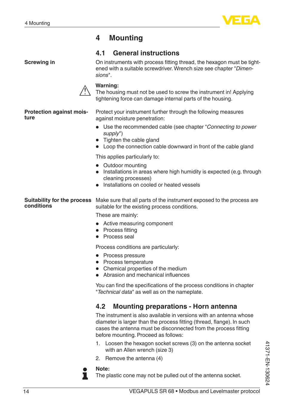 4 mounting, 1 general instructions, 2 mounting preparations - horn antenna | VEGA VEGAPULS SR 68 Modbus and Levelmaster protocol User Manual | Page 14 / 92