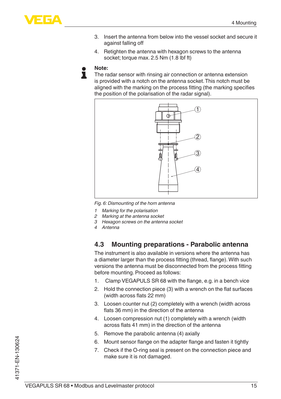 3 mounting preparations - parabolic antenna | VEGA VEGAPULS SR 68 Modbus and Levelmaster protocol User Manual | Page 15 / 92