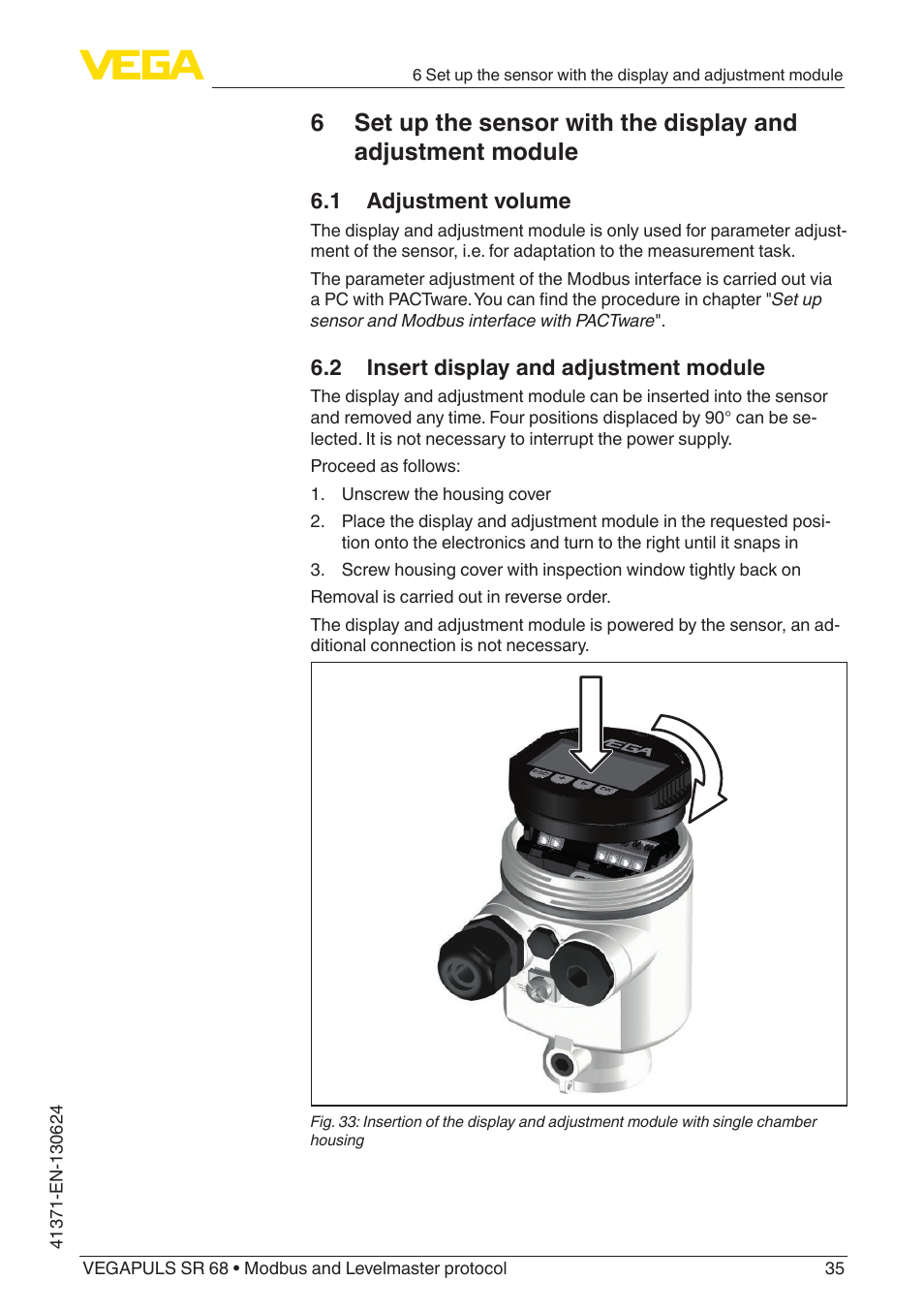 1 adjustment volume, 2 insert display and adjustment module | VEGA VEGAPULS SR 68 Modbus and Levelmaster protocol User Manual | Page 35 / 92