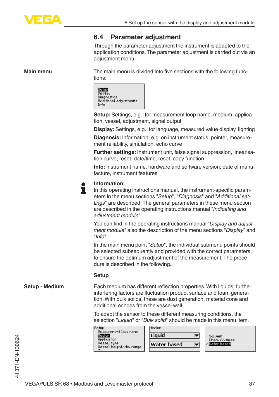 4 parameter adjustment | VEGA VEGAPULS SR 68 Modbus and Levelmaster protocol User Manual | Page 37 / 92