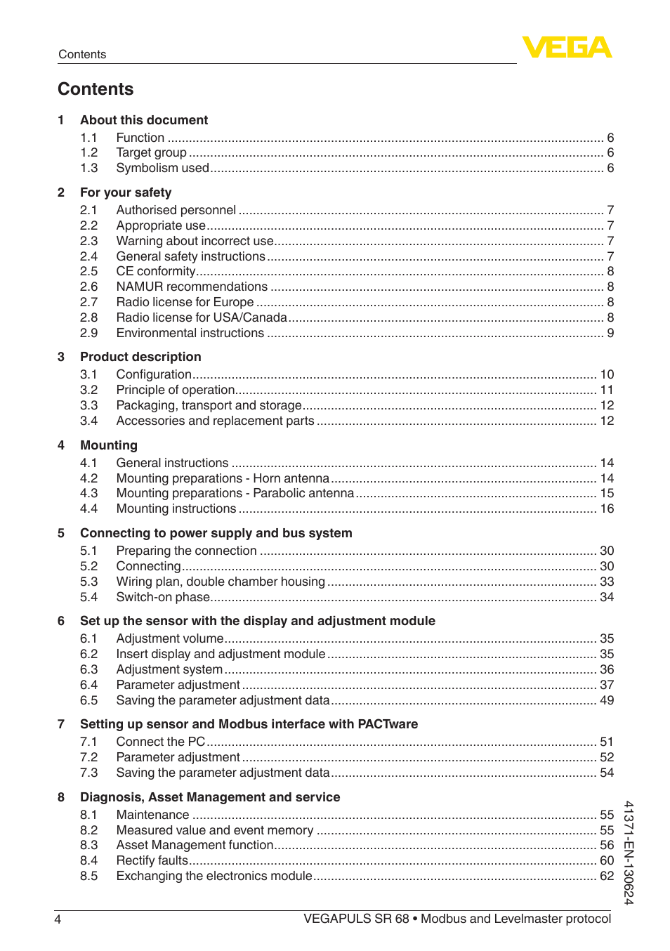 VEGA VEGAPULS SR 68 Modbus and Levelmaster protocol User Manual | Page 4 / 92