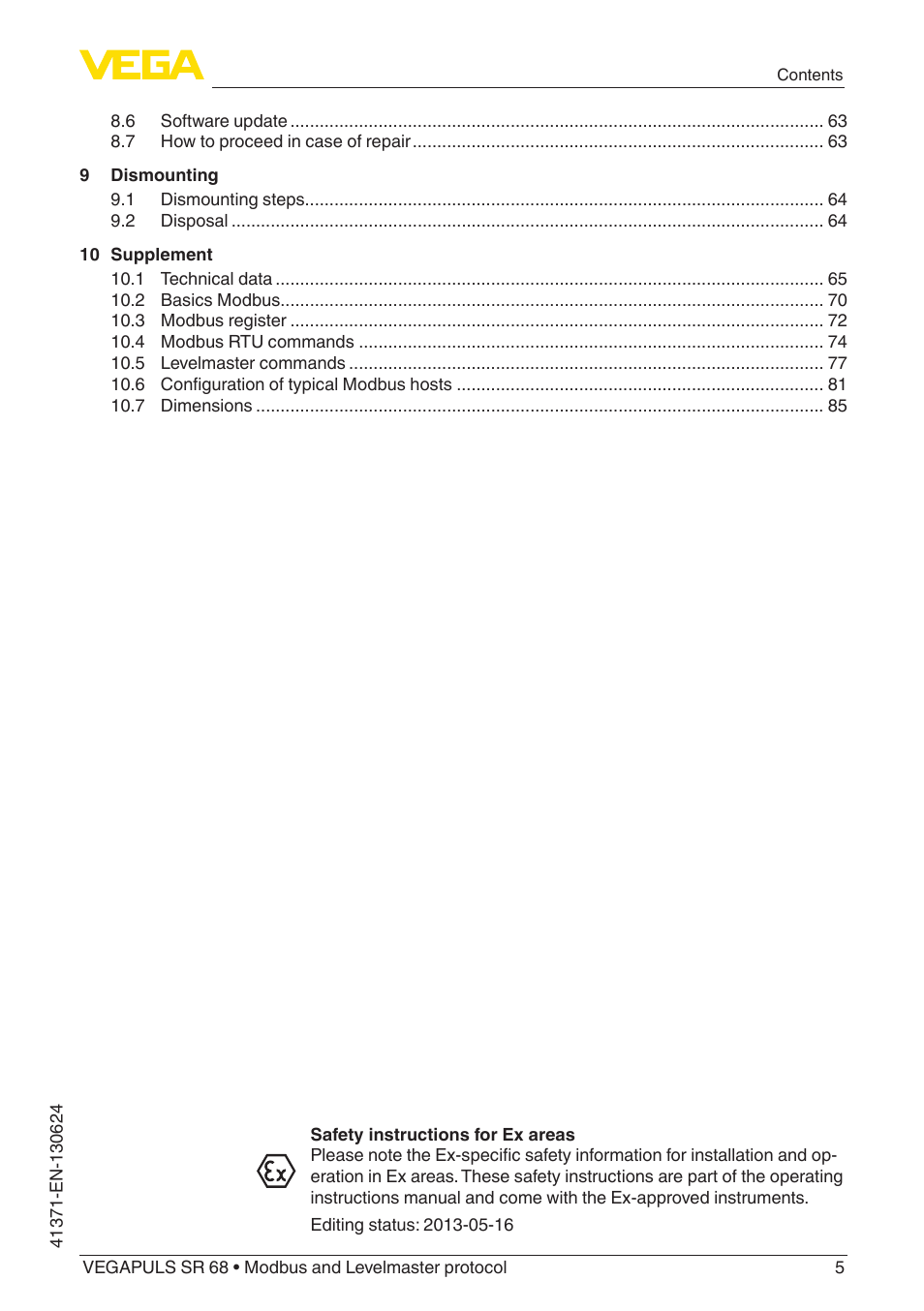 VEGA VEGAPULS SR 68 Modbus and Levelmaster protocol User Manual | Page 5 / 92
