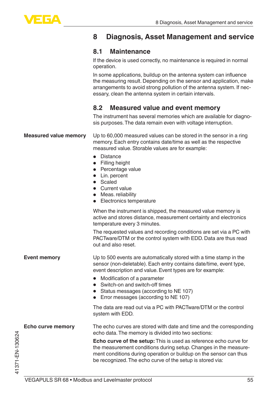 8 diagnosis, asset management and service, 1 maintenance, 2 measured value and event memory | VEGA VEGAPULS SR 68 Modbus and Levelmaster protocol User Manual | Page 55 / 92