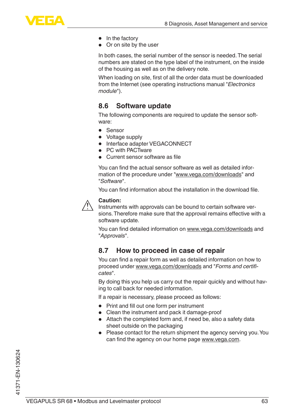 6 software update, 7 how to proceed in case of repair | VEGA VEGAPULS SR 68 Modbus and Levelmaster protocol User Manual | Page 63 / 92