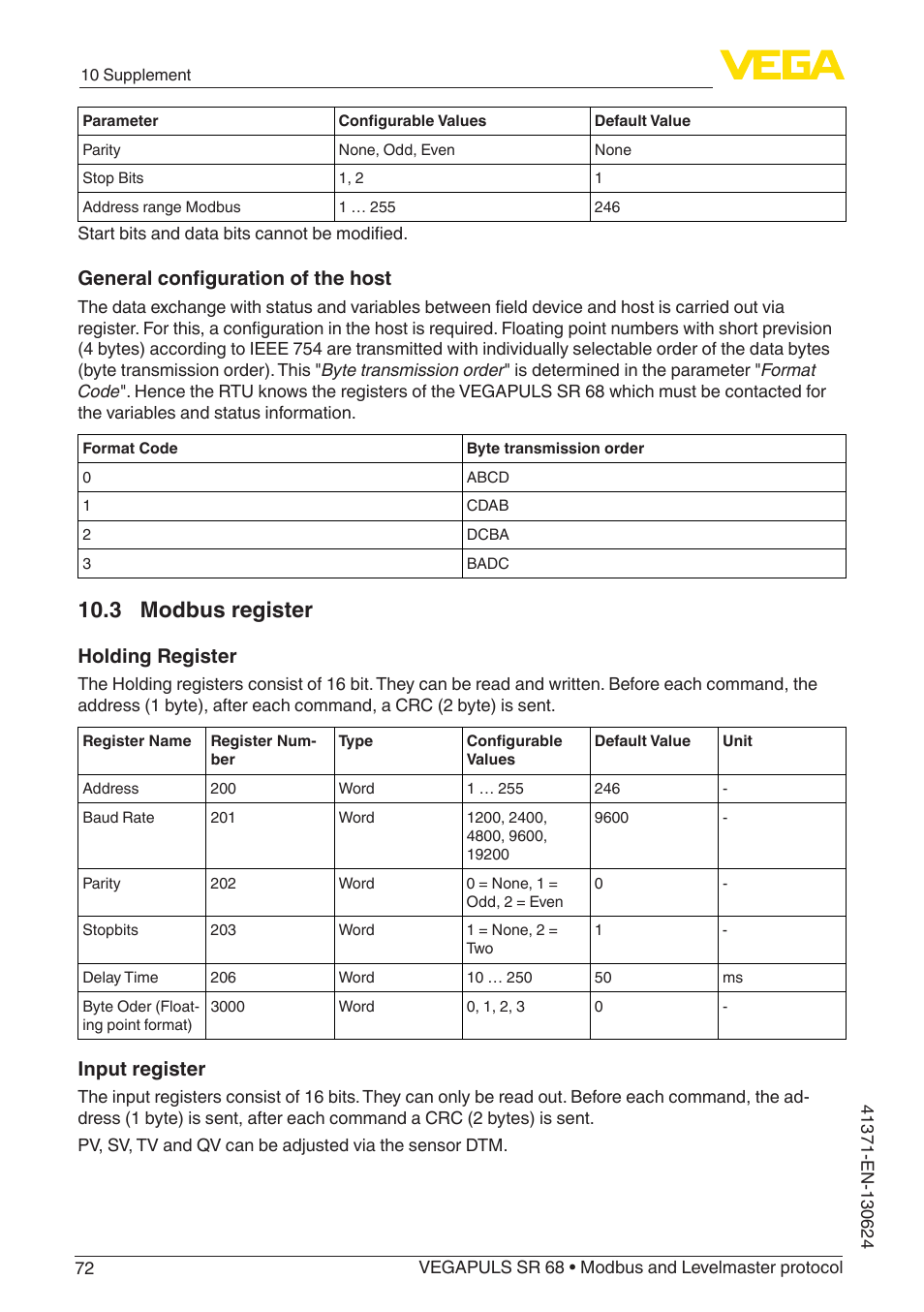 3 modbus register, General configuration of the host, Holding register | Input register | VEGA VEGAPULS SR 68 Modbus and Levelmaster protocol User Manual | Page 72 / 92