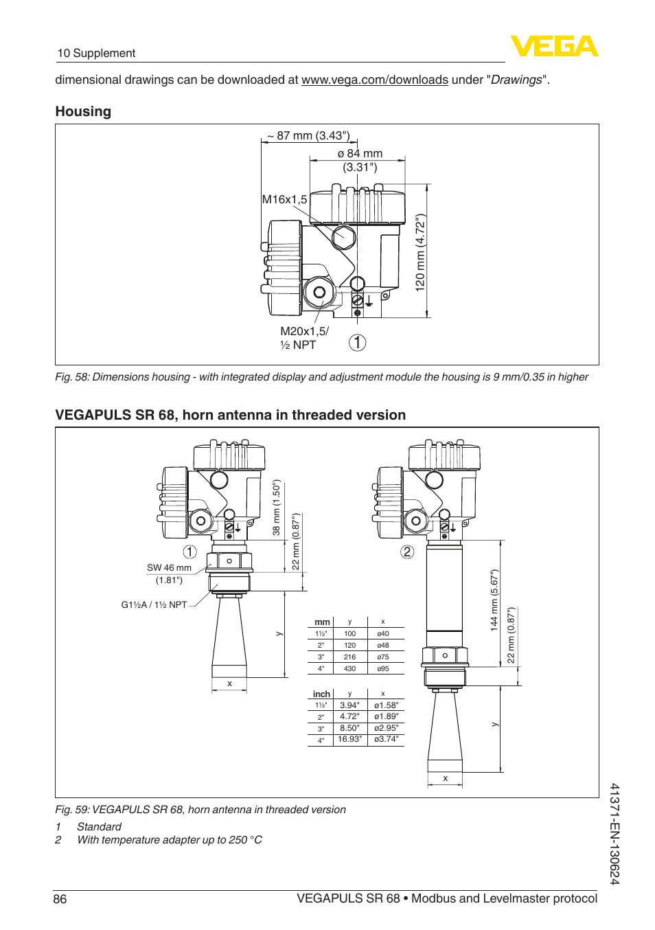 Housing, Vegapuls sr 68, horn antenna in threaded version | VEGA VEGAPULS SR 68 Modbus and Levelmaster protocol User Manual | Page 86 / 92