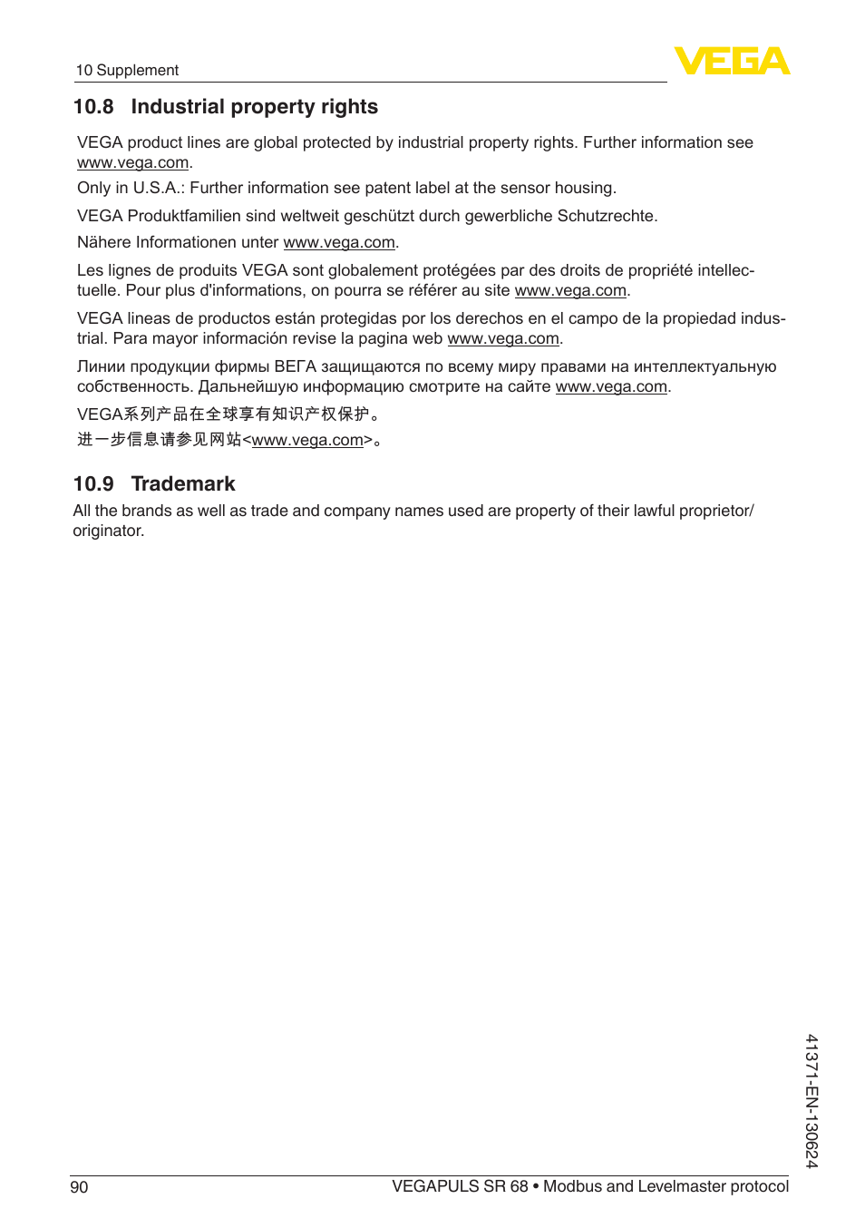 8 industrial property rights, 9 trademark | VEGA VEGAPULS SR 68 Modbus and Levelmaster protocol User Manual | Page 90 / 92